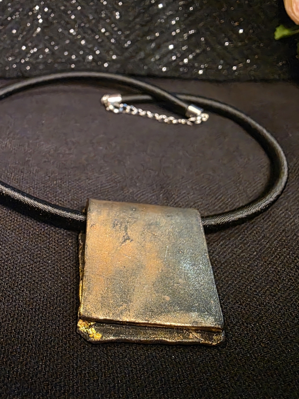 Black Cord Necklace with Gold Textured Floral Pendant - Picture 2 of 2